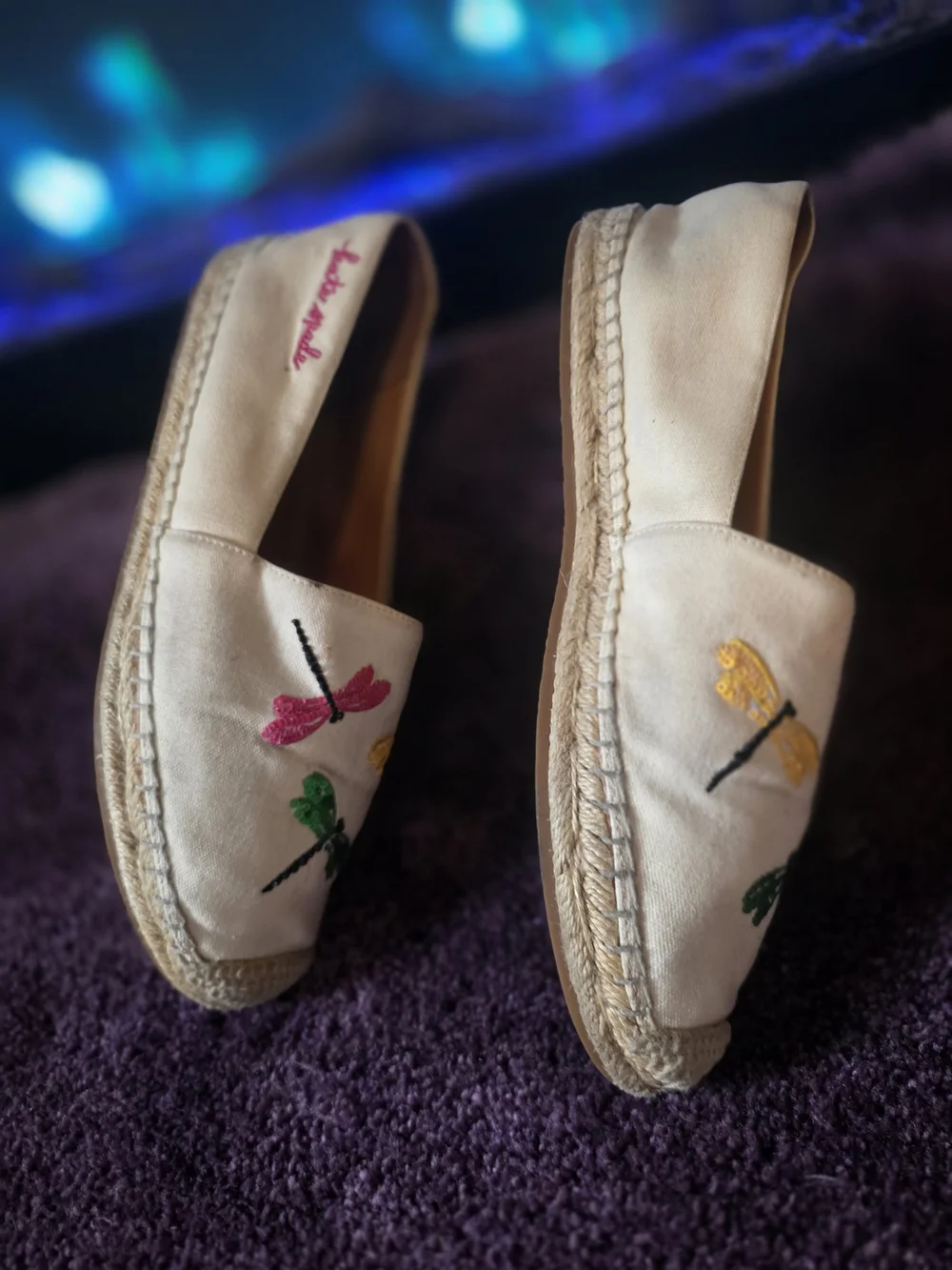 Katkate spade Neutral Espadrilles with Pink, Yellow & Green Dragonfly Embroidery